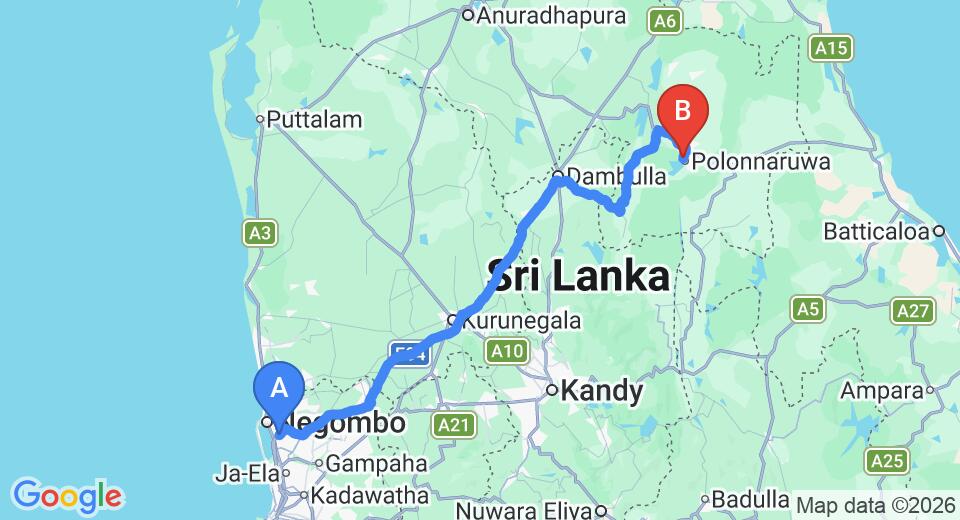 Driving route map: Colombo Airport (CMB) to Hotel Sudu Araliya, Polonnaruwa (198 km, approx 4 h 6 min private transfer)