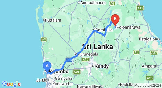Driving route map: Colombo Airport (CMB) to Hotel Sudu Araliya, Polonnaruwa (198 km, approx 4 h 6 min private transfer)