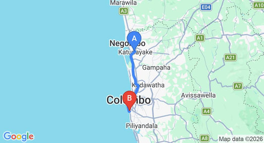 Driving route map: Colombo Airport (CMB) to AV 15, Wellawatte (39 km, approx 58 min private transfer)