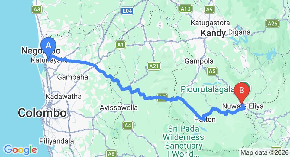 Driving route map: Colombo Airport (CMB) to Mariners Cabin, Nuwara Eliya (154 km, approx 4 h 45 min private transfer)