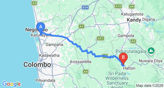 Driving route map: Colombo Airport (CMB) to Agraoya Holiday Bungalow, Hatton (111 km, approx 3 h 27 min private transfer)