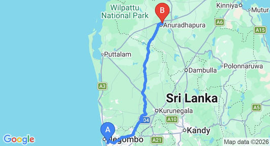 Driving route map: Colombo Airport (CMB) to Milano Tourist Rest, Anuradhapura (176 km, approx 3 h 49 min private transfer)