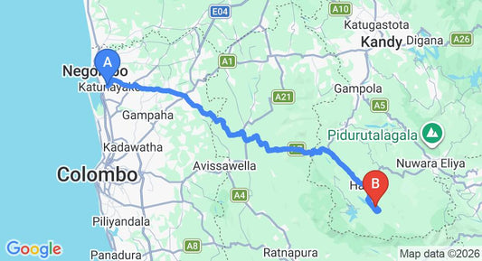 Driving route map: Colombo Airport (CMB) to Royal Majesty Bungalow, Hatton (130 km, approx 4 h 11 min private transfer)