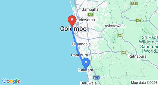 Driving route map: Kalutara to Colombo Seaport (44 km, approx 1 h 29 min private transfer)