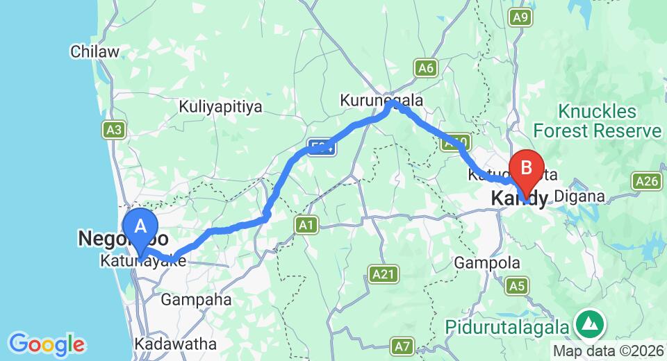 Driving route map: Colombo Airport (CMB) to Kandy Hills Resort, Kandy (116 km, approx 2 h 56 min private transfer)
