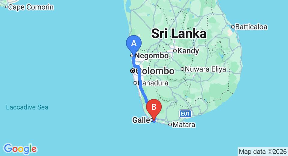 Driving route map: Colombo Airport (CMB) to The Villa in Paradise, Unawatuna (153 km, approx 2 h 9 min private transfer)