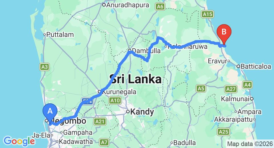 Driving route map: Colombo Airport (CMB) to Uga Bay by Uga Escapes, Pasikuda (267 km, approx 5 h 29 min private transfer)