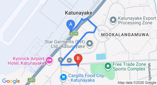 Driving route map: Colombo Airport (CMB) to Airport Kings Gate Transit Hotel, Katunayake (2 km, approx 6 min private transfer)