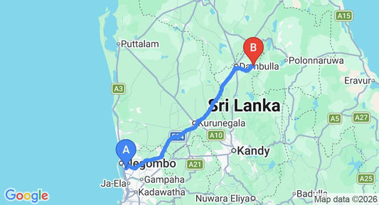 Driving route map: Colombo Airport (CMB) to Kulu Safari - Wilpattu, Wilpattu (146 km, approx 3 h 14 min private transfer)