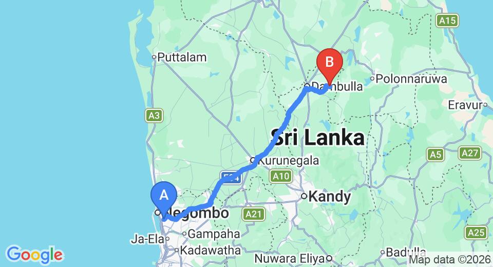 Driving route map: Colombo Airport (CMB) to Safari Lanka Hotel and Circuit Bungalow, Wasgamuwa (146 km, approx 3 h 14 min private transfer)