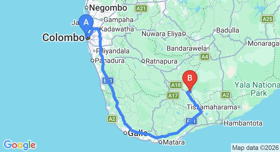 Driving route map: Colombo Seaport to Udawalawe (254 km, approx 3 h 36 min private transfer)