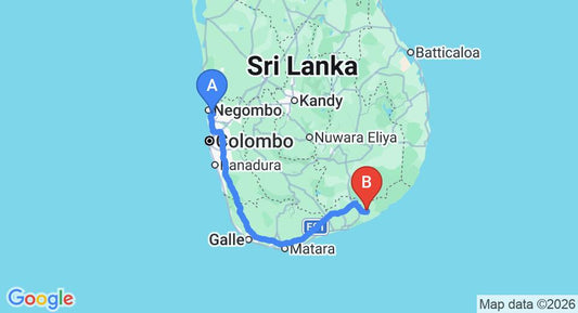Driving route map: Colombo Airport (CMB) to Pala Hotel, Tissamaharama (280 km, approx 3 h 45 min private transfer)