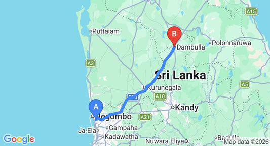 Driving route map: Colombo Airport (CMB) to Na mala Holiday Resort, Dambulla (129 km, approx 2 h 47 min private transfer)