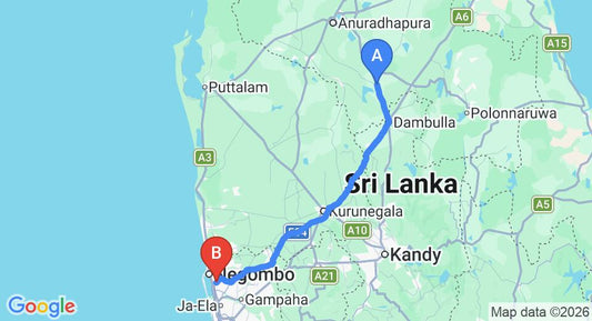 Driving route map: Kekirawa to Colombo Airport (CMB) (149 km, approx 3 h 10 min private transfer)
