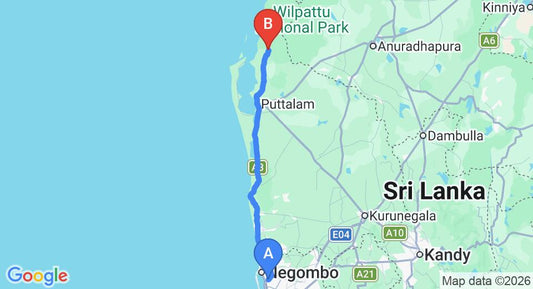 Driving route map: Colombo Airport (CMB) to Big Game Camps and Lodges Wilpattu, Wilpattu (137 km, approx 3 h 20 min private transfer)