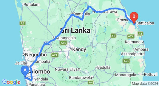 Driving route map: Ratmalana (RML) Airport to Batticaloa (BTC) Airport (340 km, approx 7 h 4 min private transfer)