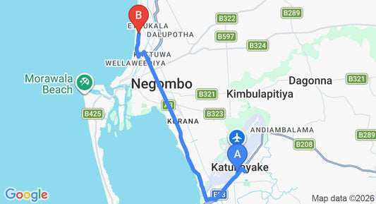 Driving route map: Colombo Airport (CMB) to Blue Elephant Tourist Hotel, Negombo (13 km, approx 30 min private transfer)
