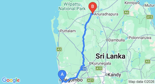 Driving route map: Colombo Airport (CMB) to Medawachchiya Resort, Anuradhapura (174 km, approx 3 h 45 min private transfer)
