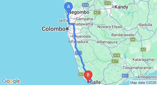 Driving route map: Colombo Airport (CMB) to Taru Villas - Rampart Street, Galle (153 km, approx 2 h 13 min private transfer)