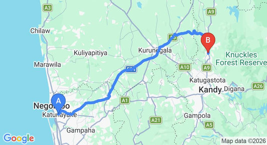 Driving route map: Colombo Airport (CMB) to Matale (123 km, approx 2 h 53 min private transfer)