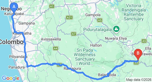 Driving route map: Colombo Airport (CMB) to Srilakview Holiday Inn, Haputale (208 km, approx 4 h 59 min private transfer)
