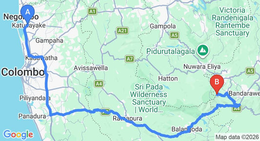 Driving route map: Colombo Airport (CMB) to Ohiya (231 km, approx 5 h 50 min private transfer)