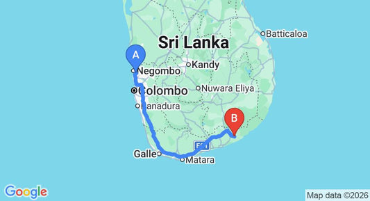 Driving route map: Colombo Airport (CMB) to Water Front Hotel, Tissamaharama (279 km, approx 3 h 43 min private transfer)
