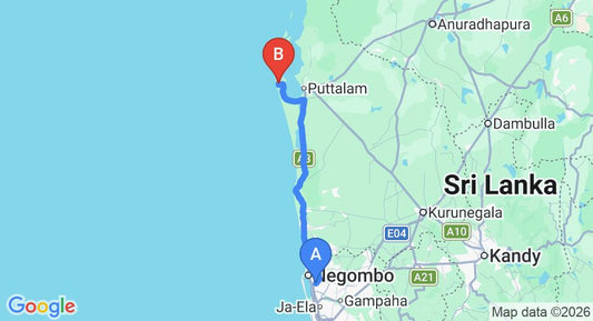 Driving route map: Colombo Airport (CMB) to Alankuda (119 km, approx 2 h 53 min private transfer)