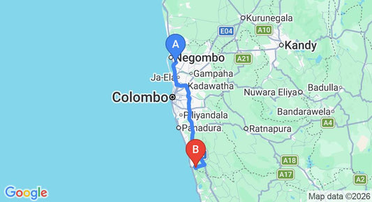 Driving route map: Colombo Airport (CMB) to Bentota River Edge, Bentota (105 km, approx 1 h 33 min private transfer)