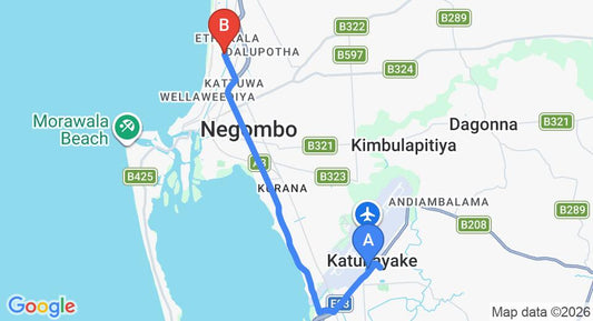 Driving route map: Colombo Airport (CMB) to Hotel Cloud Nine, Negombo (12 km, approx 28 min private transfer)
