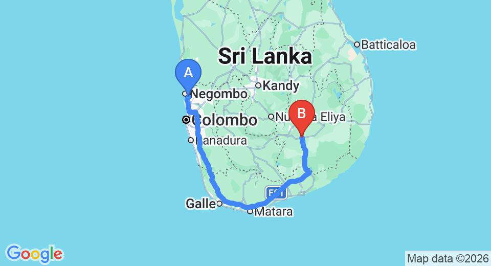 Driving route map: Colombo Airport (CMB) to Kuda Oya Cottage, Wellawaya (309 km, approx 4 h 15 min private transfer)