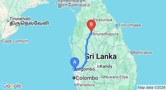 Driving route map: Colombo Airport (CMB) to Hotel Nilketha Villa, Anuradhapura (177 km, approx 3 h 50 min private transfer)