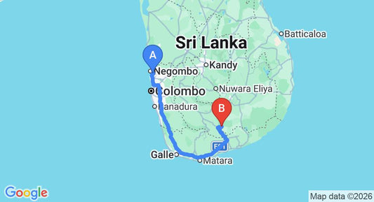 Driving route map: Colombo Airport (CMB) to Hantara Udawalawe, Udawalawe (264 km, approx 3 h 46 min private transfer)