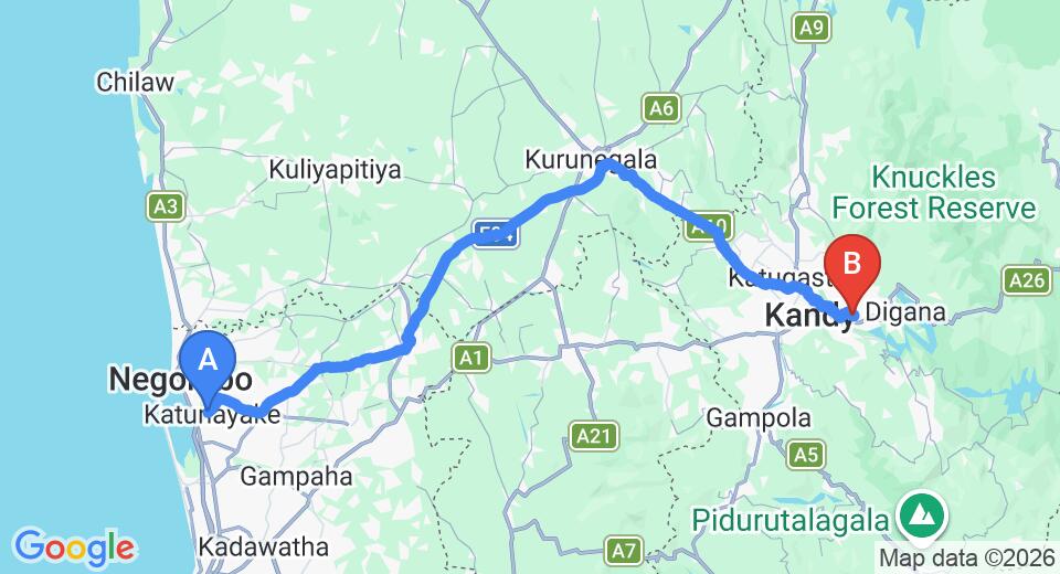 Driving route map: Colombo Airport (CMB) to Sedevo Chalets, Kandy (120 km, approx 3 h 3 min private transfer)
