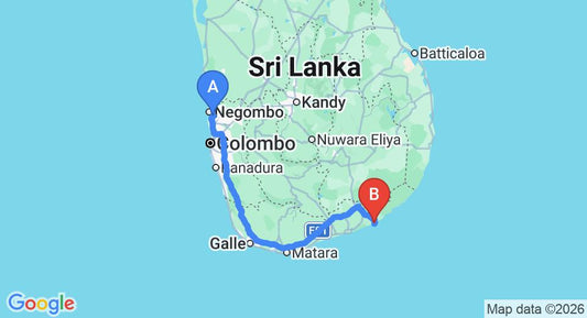 Driving route map: Colombo Airport (CMB) to The Beach Camp Yala, Kirinda (290 km, approx 4 h 2 min private transfer)