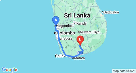Driving route map: Colombo Airport (CMB) to Eco Team Safari Camps Udawalawa, Udawalawe (260 km, approx 3 h 39 min private transfer)