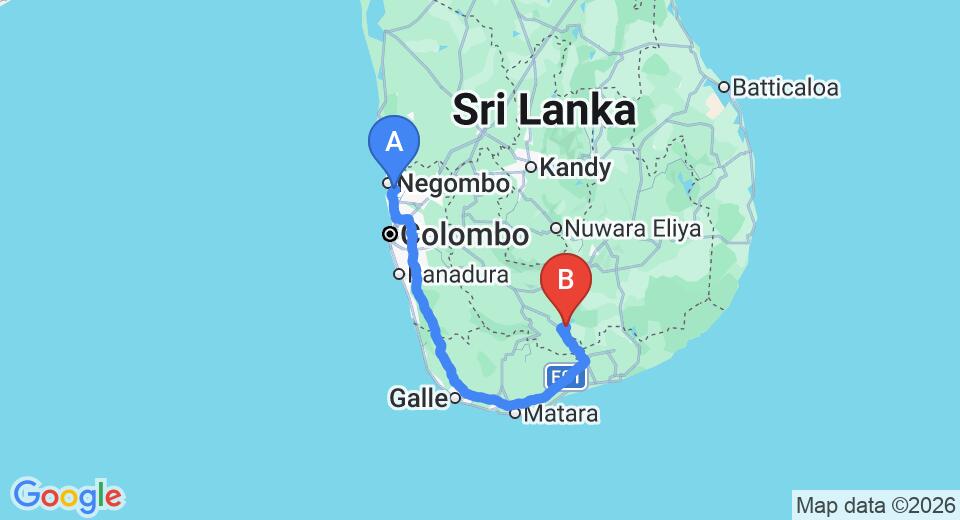 Driving route map: Colombo Airport (CMB) to Lotus Chalets, Udawalawe (260 km, approx 3 h 39 min private transfer)