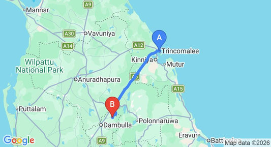 Driving route map: Trincomalee to Sigiriya (99 km, approx 1 h 55 min private transfer)