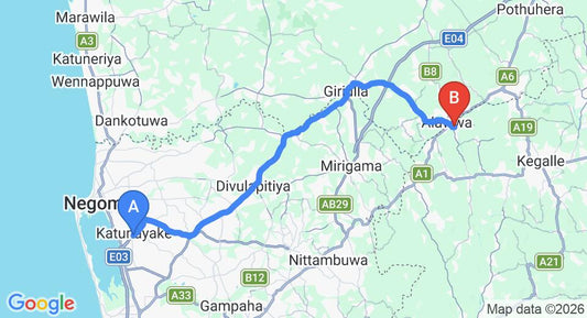 Driving route map: Colombo Airport (CMB) to Grindlays Regency, Alawwa (54 km, approx 1 h 30 min private transfer)
