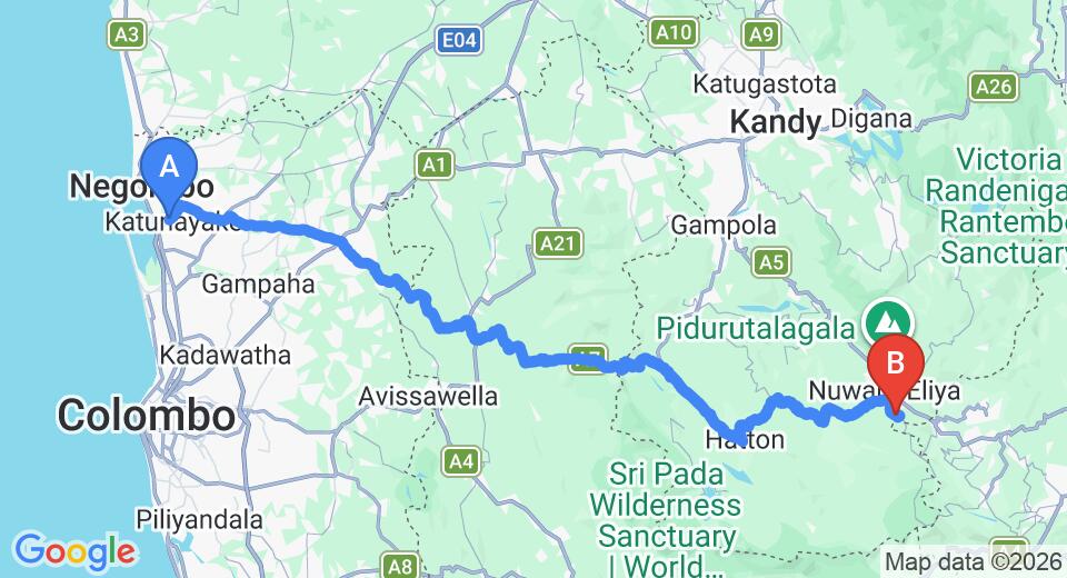 Driving route map: Colombo Airport (CMB) to Happiness Lodge, Nuwara Eliya (155 km, approx 4 h 50 min private transfer)