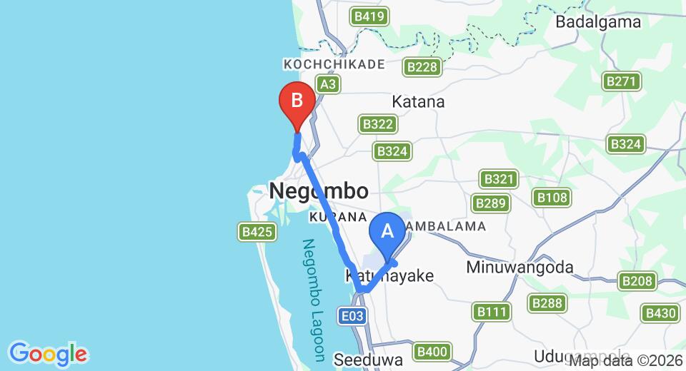 Driving route map: Colombo Airport (CMB) to Rani Beach Resot, Negombo (13 km, approx 30 min private transfer)