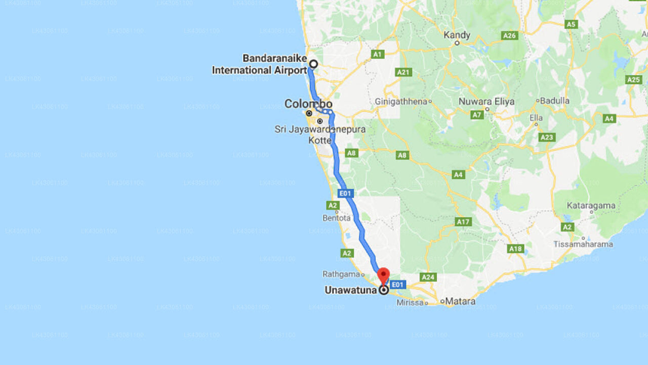 Transfer between Colombo Airport (CMB) and Thambapanni Retreat, Unawatuna